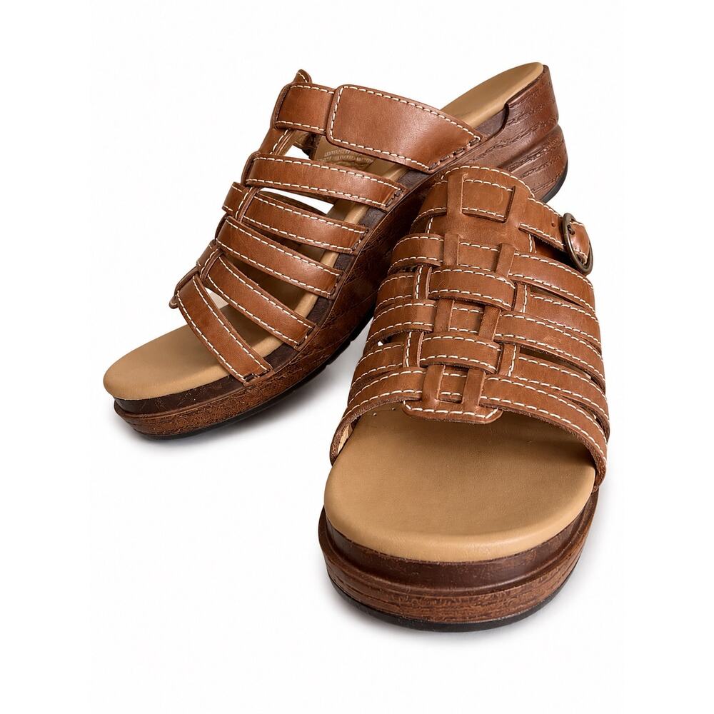 Dansko Women's Tan Leather Woven Slide Heels